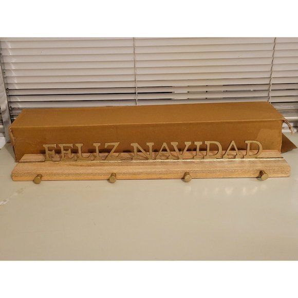 Feliz Navidad Threshold Stocking Wood Holder Gold letters 26 in. Christmas Decor - Picture 3 of 3